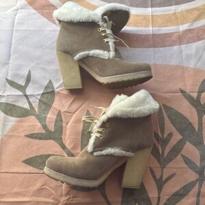 Prada Tan Suede Fur Lace Up Heeled Booties